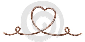 Heart shaped frame made of rope. Vintage cord border.Watercolor illustration. Empty space for text.Isolated on a white