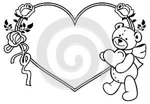Heart-shaped frame with outline roses, teddy bear holding heart