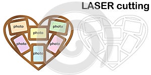 Heart shaped frame for photos for laser cutting. Collage of photo frames. Template laser cutting machine for wood and metal