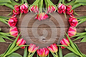 Pink tulip flower heart shaped frame against a rustic wood background