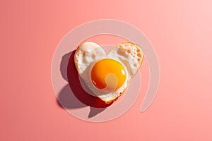 Heart shaped fried egg top view on pink backdrop. Generate ai