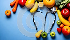 a heart shaped of fruits, vegetables, and stethoscope are on a blue table