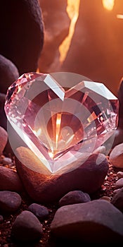 A pink heart-shaped crystal in a cave against the backdrop of a sunbeam. Wallpaper for your phone.