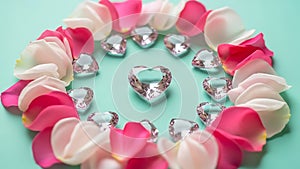 Heart-shaped gemstones surrounded by rose petals