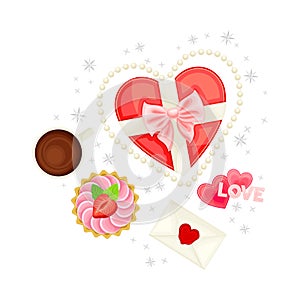 Heart Shaped Gift Box, Envelope and Sweet Cupcake as Valentine s Day Attribute Above View Vector Composition