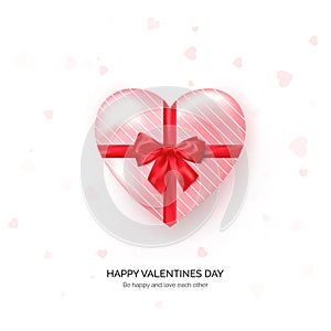 Heart shaped gift box with red silk bow. Valentines day greeting card template. Vector