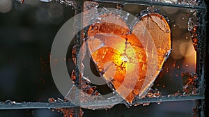 A heart shaped glass pane with a light shining through it, AI