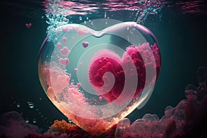 Heart shaped glowing air bubble with pink jellyfish underwater. Romantic concept wallpaper.