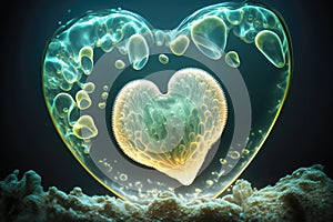 Heart shaped glowing air bubble underwater with jellyfish. Romantic concept wallpaper.