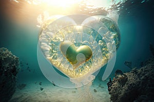 Heart shaped glowing air bubble underwater with jellyfish. Romantic concept wallpaper.
