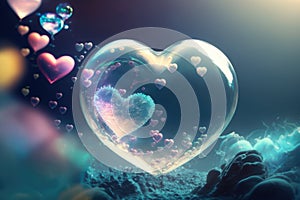 Heart shaped glowing air bubble underwater. Romantic concept wallpaper.