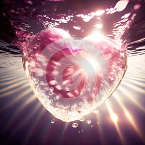Heart shaped glowing pink air bubble underwater. Romantic concept wallpaper.