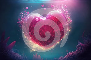 Heart shaped glowing pink jellyfish underwater. Romantic concept wallpaper.