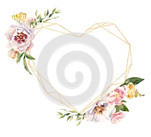 Heart shaped golden frame decorated with handpainted watercolor flowers photo