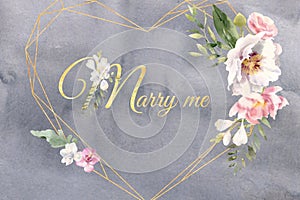 Heart shaped golden frames with marry me text  watercolor flowers