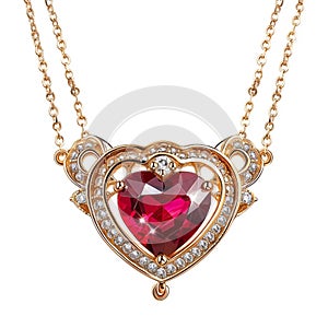 Heart shaped golden ruby necklace with diamonds, AI Generative