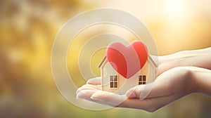 heart shaped hand focusing on a house - concept of real estate purchase and perfect place to live on pastel colored background.