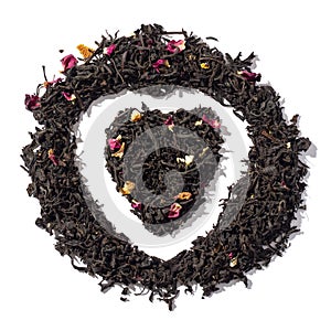 Heart shaped heap of loose-leaf black tea.