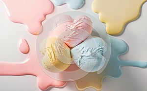 Heart shaped ice cream in pastel candy colors. Top view. Summer dessert, food, sweet, love concept.
