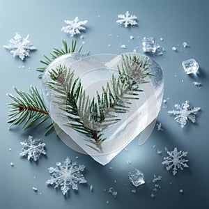 Heart shaped ice cube with fir tree branch and snowflakes on blue background. ai generative