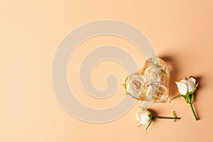 Heart shaped ice cube with roses on color background