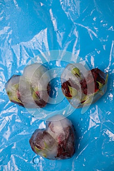 heart shaped ice with red fragrant roses frozen in ice on a blue shiny background with water drops