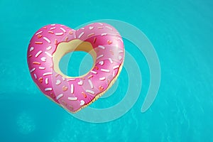 Heart shaped inflatable ring floating in swimming pool on sunny day, above view