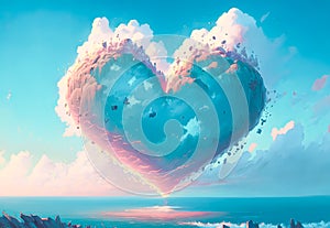 Heart shaped island cloud on sky for Love and Valentines concept, Generative AI