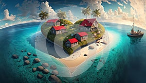 Heart-shaped island, cottages, palm trees, sailboat, blue water, Valentine's card, secluded getaway, romantic, ocean