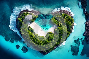 Heart-shaped island, a tropical island surrounded by the sea. Tropical paradise background.