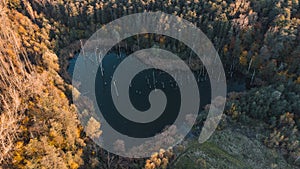 Heart-shaped lake during colourful autumn sunset, Czech Republic. Romantic landscape. Blue heart in contrast with colourful forest