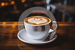 Heart shaped latte art in white ceramic mug on saucer.