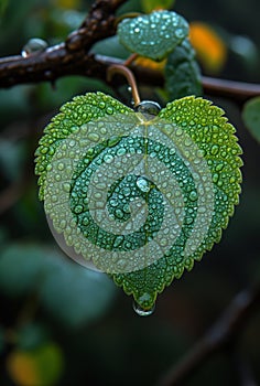 Heart-shaped leaf is covered with raindrops. Green leaf with the words i love you sunday