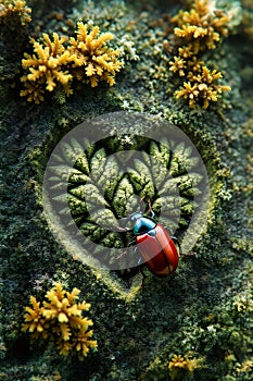 Heart Shaped Leaf Engraved In Moss With Red Beetle