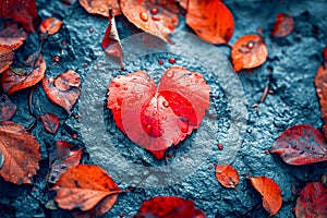 Heart-shaped leaf sits on top of pile of red leaves. Generative AI