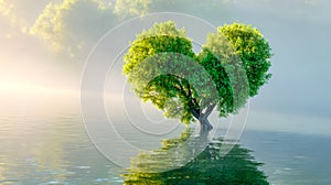 Heart-shaped leafy tree reflected on calm water in a serene landscape