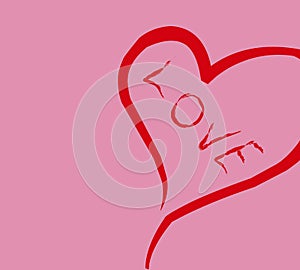 Heart shaped lines and red Love letters on a pink background