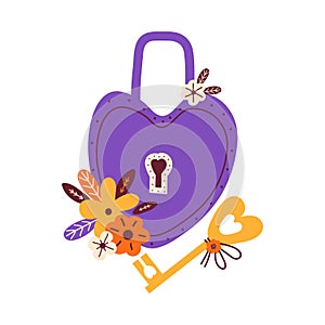 Heart shaped lock with golden key. Love symbol padlock for 14 february, Valentines day, wedding. Hand drawn vector