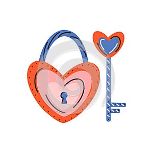 Heart shaped lock and heart key. Symbol of love, romance. Design for Valentine\'s Day