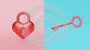 Heart shaped lock and key. abstract minimal style. 3d rendering