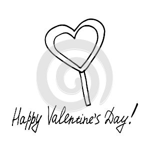 Heart shaped lollipop and lettering happy valentines day. template for card, poster. sketch hand drawn doodle. vector scandinavian