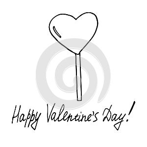 Heart shaped lollipop and lettering happy valentines day. template for card, poster. sketch hand drawn doodle. vector scandinavian