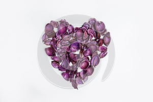 Heart shaped made of purple and pink dry flowers, leaves and petals on white background. Colorful background image