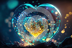 Heart shaped magic glowing air bubble underwater. Romantic concept wallpaper.