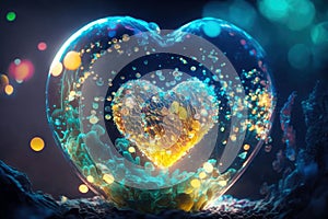 Heart shaped magic glowing air bubble underwater. Romantic concept wallpaper.