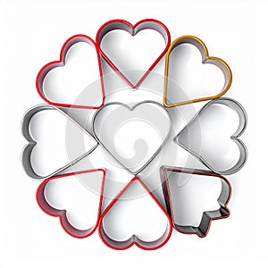 Heart Shaped Metal Cookie Cutters Arranged in Circular Pattern on White