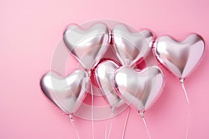 Heart shaped metallic pink Valentine\'s day foil balloons on side of pink background