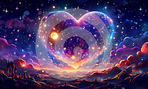 A heart-shaped moon glowing in a starry animated night sky, celebrating valentine\'s day. photo