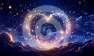 A heart-shaped moon glowing in a starry animated night sky, celebrating valentine\'s day. photo