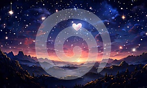 A heart-shaped moon glowing in a starry animated night sky, celebrating valentine\'s day. photo
